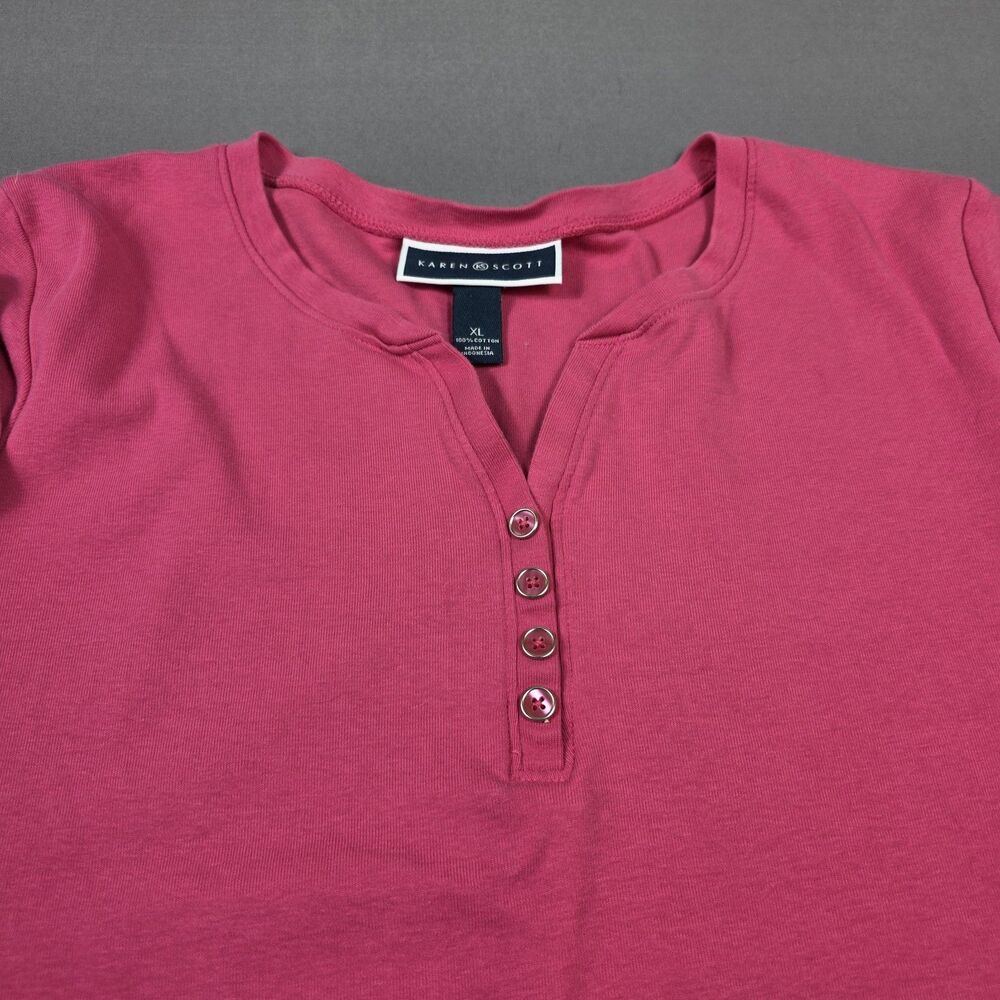 Karen Scott Henley Button T-Shirt Pink V-Neck Short Sleeve Women's Size XL - Picture 5 of 6